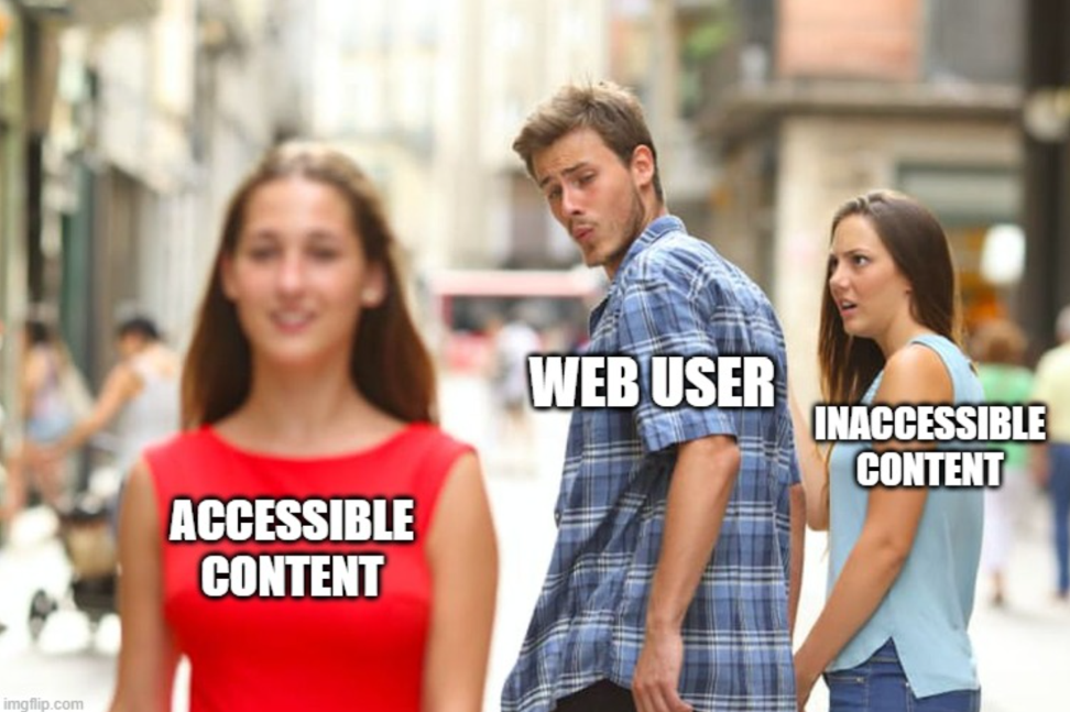 A man walking with his partner turns his head to look at another person, symbolizing a web user’s shift from inaccessible to accessible content. The original partner, representing inaccessible content, is ignored in favor of the accessible option, which is more appealing and inclusive.
